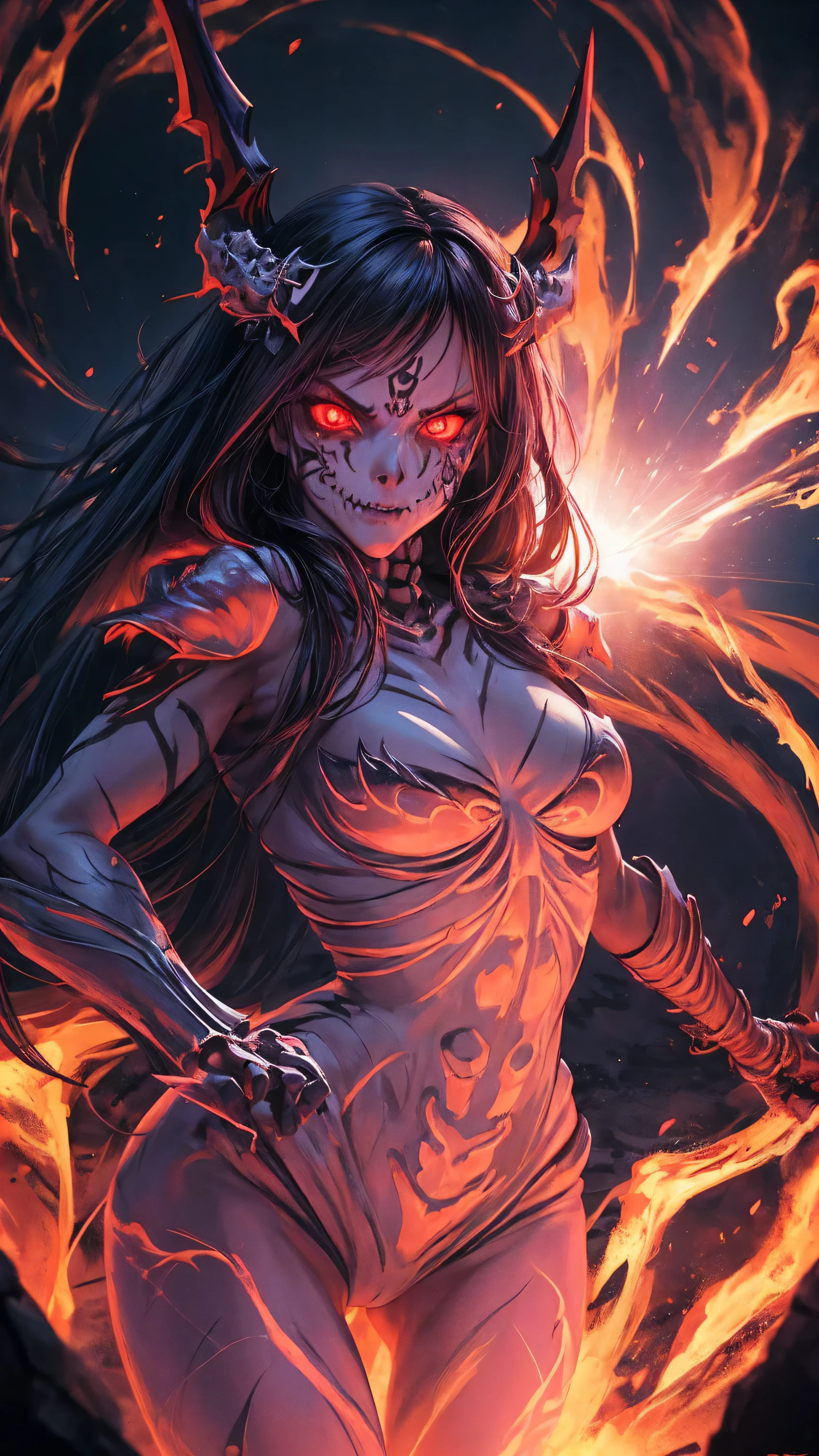 girl, skeleton warrior, evil look, sexi, skeleton lingerie, facepaint, bodypaint, red glowing eyes, combat stance, vibrant appearance, creative behavior, imaginative, sensual, spontaneous, highest quality, skin texture, intricate details, (cinematic lighting), RAW photo, 8k