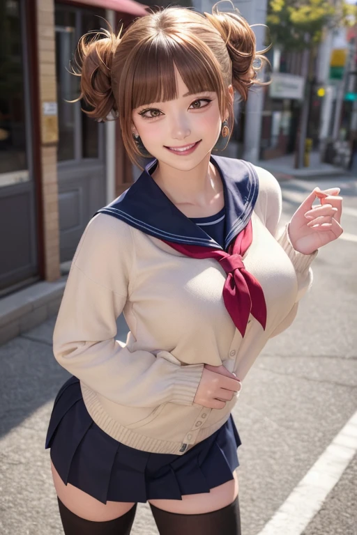 kujikawadef,twintails,,black serafuku,long sleeves,skirt,thighhighs,jewelry,earrings,standing,
best quality, highly detailed, masterpiece, absurdres,8k,   photorealistic, realistic,detailed skin texture,detailed pupils,HDR,natural lighting,
1girl,solo,(happy:1.1),(smile:1.2),shorthair,brown hair,(angular face:1.2),shiny face,large breasts, narrow waist, lip makeup,