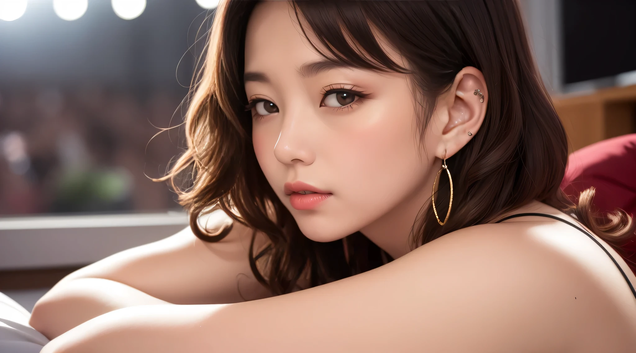 Watching the audience、The look of temptation、Side Up、Curly Hair、Earrings、Bedroom
