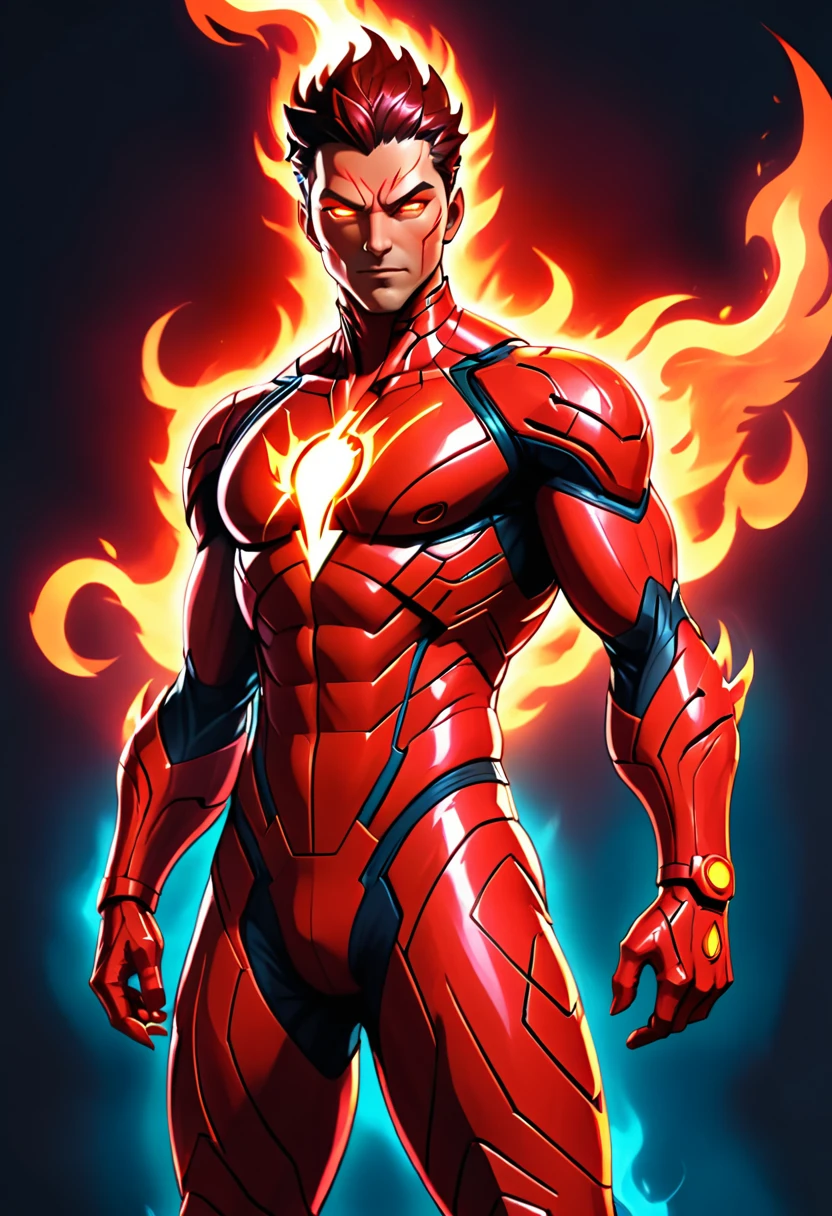 a man with glowing eyes and a red suit standing in front of a fire, incredible background, Human Torch, glowing red veins, radiant power, avatar image, glowing red veins, glowing and glowing veins, cyberpunk flame suit, 8 k very detailed ❤🔥 🔥 💀 🤖 🚀, glowing veins, dark supervillain, 1024px profile picture, fire demon