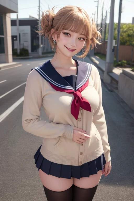 kujikawadef,twintails,,black serafuku,long sleeves,skirt,thighhighs,jewelry,earrings,standing,
best quality, highly detailed, masterpiece, absurdres,8k, photorealistic, realistic,detailed skin texture,detailed pupils,HDR,natural lighting,
1girl,solo,(happy:1.1),(smile:1.2),shorthair,brown hair,(angular face:1.2),shiny face,large breasts, narrow waist, lip makeup,