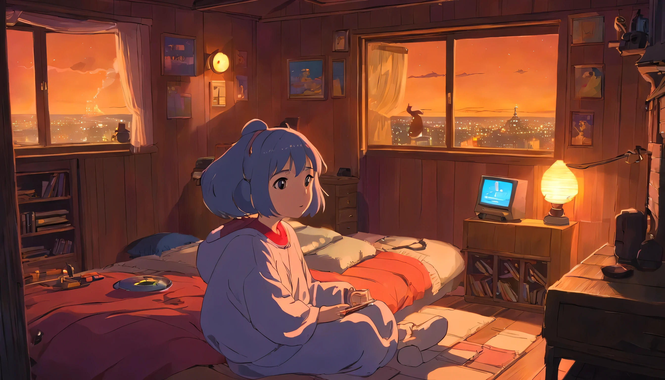Girl listening to music in a cozy room at night, usando auriculares, Anime estilo 2D, Lo-fi, disco Rigido, ambiente oscuro
