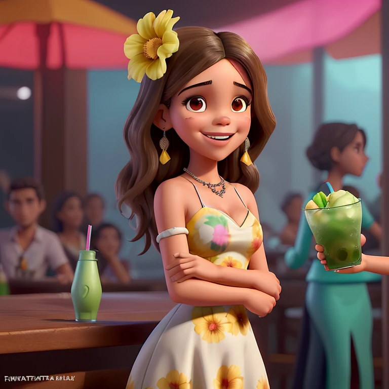 Crie uma capa de filme com a bruna marquezine sorridente em uma festa de um bar, with a flowery dress and caipirinha in hand