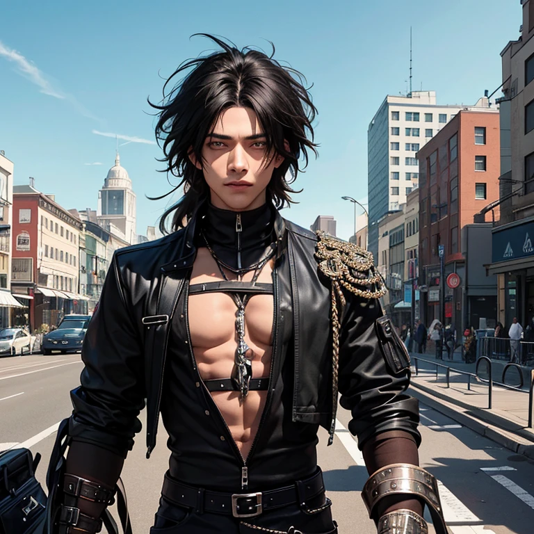 A young black boy, clad in ripped black attire, boasts jet-black hair. His heterochromatic eyes, one azure and the other a deep shade of brown, add an enchanting contrast to his cosmic background. The atmospheric perspective of this 1.5-dimensional artwork is nothing short of incredible, with intricate details that showcase the cables and wires in stark contrast, adding an aesthetically pleasing touch to this masterpiece. The breathtaking quality of the colors brings out the beauty of his features, while the perfect blend of shadows and highlights creates a stunning portrayal of this captivating figure. This exquisite piece of art, worthy of any gallery