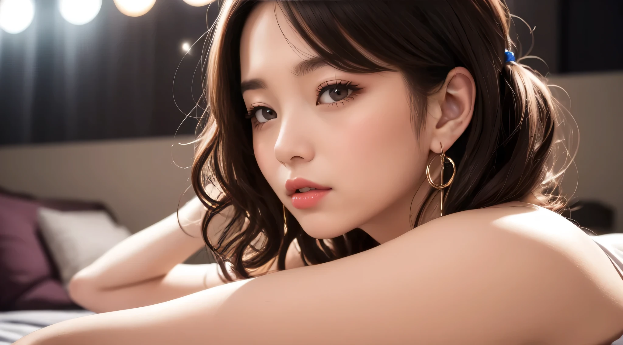 Watching the audience、The look of temptation、Side Up、Curly Hair、Earrings、Bedroom