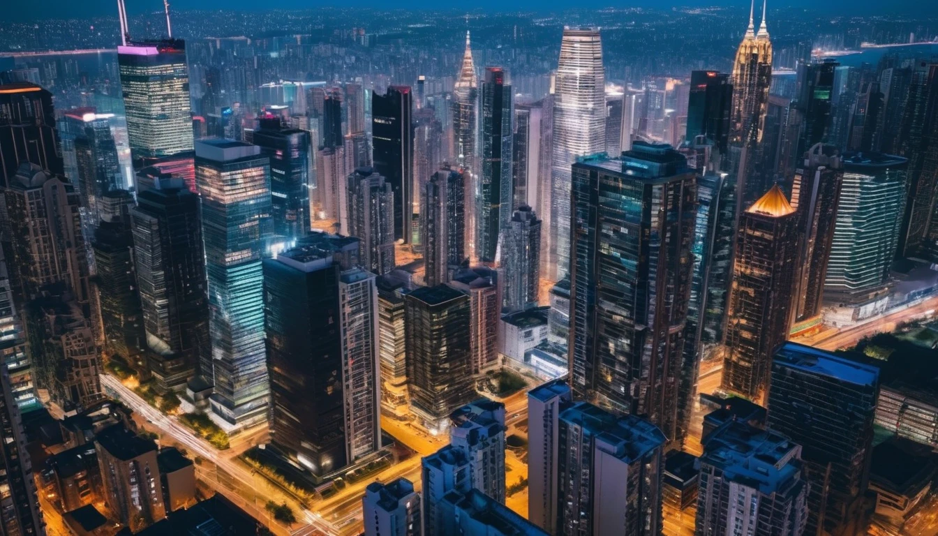 drone view city skyline of a metropolis with skyscrapers at night, insane details, intricate details, amazing fine detail, photorealistic, photograph, photorealism, rich colors, lifelike texture, neutral colors, Soft front light,cinematic lighting, dramatic lighting sharp focus, wide angle, film grain, dslr, raw photo, photographed on Nikon