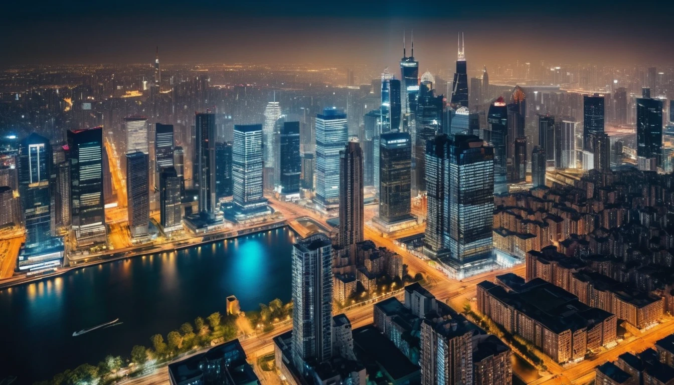 drone view city skyline of a metropolis with skyscrapers at night, insane details, intricate details, amazing fine detail, photorealistic, photograph, photorealism, rich colors, lifelike texture, neutral colors, Soft front light,cinematic lighting, dramatic lighting sharp focus, wide angle, film grain, dslr, raw photo, photographed on Nikon
