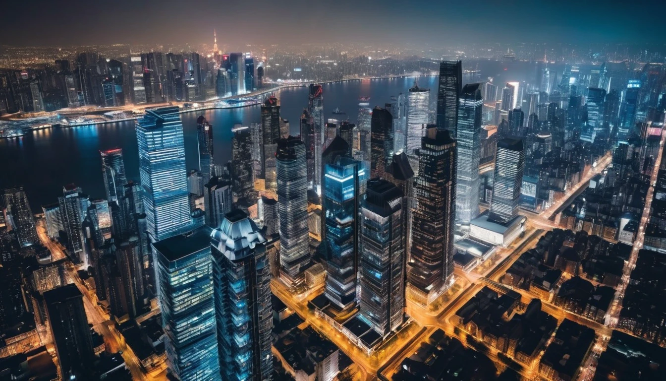 drone view city skyline of a metropolis with skyscrapers at night, insane details, intricate details, amazing fine detail, photorealistic, photograph, photorealism, rich colors, lifelike texture, neutral colors, Soft front light,cinematic lighting, dramatic lighting sharp focus, wide angle, film grain, dslr, raw photo, photographed on Nikon