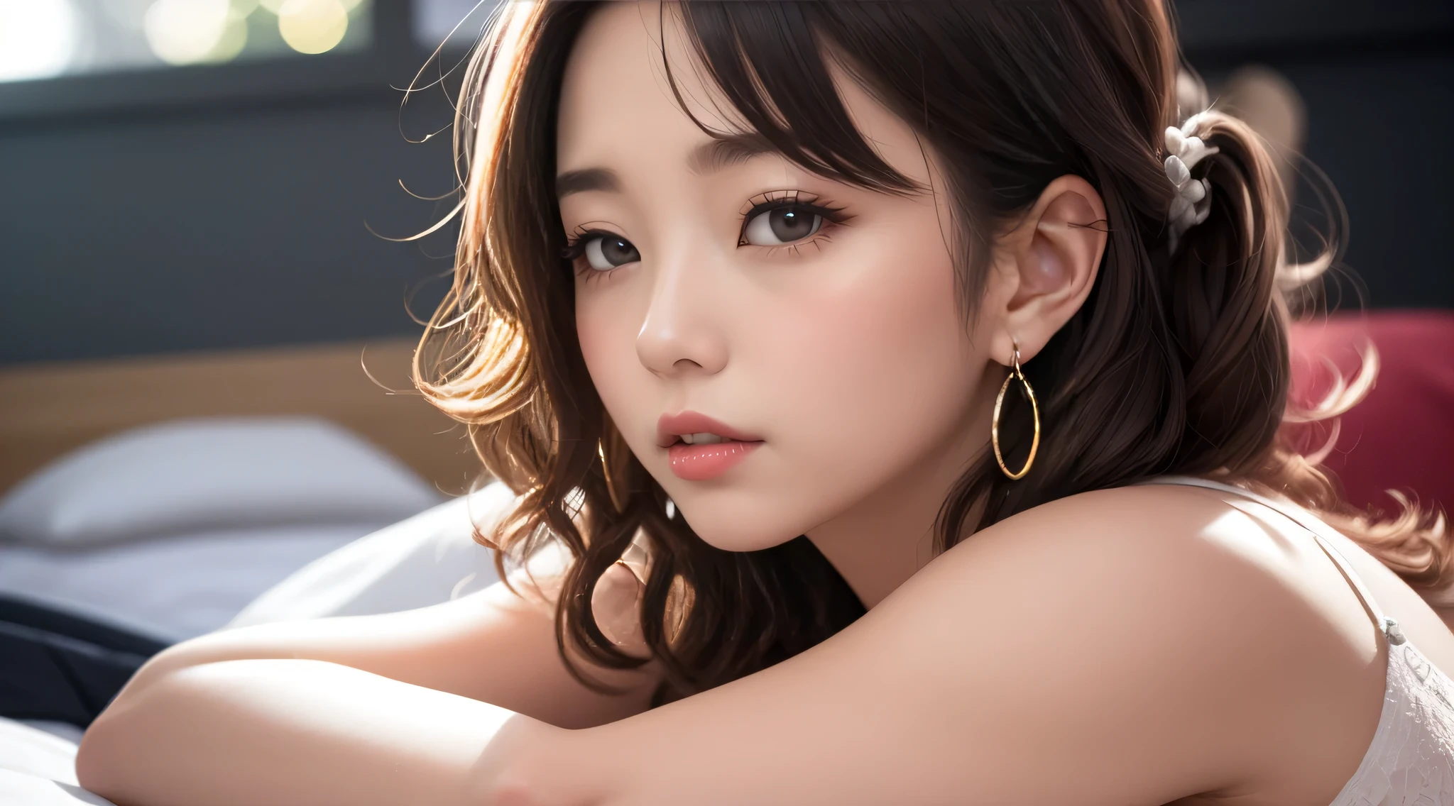 Watching the audience、The look of temptation、Side Up、Curly Hair、Earrings、Bedroom