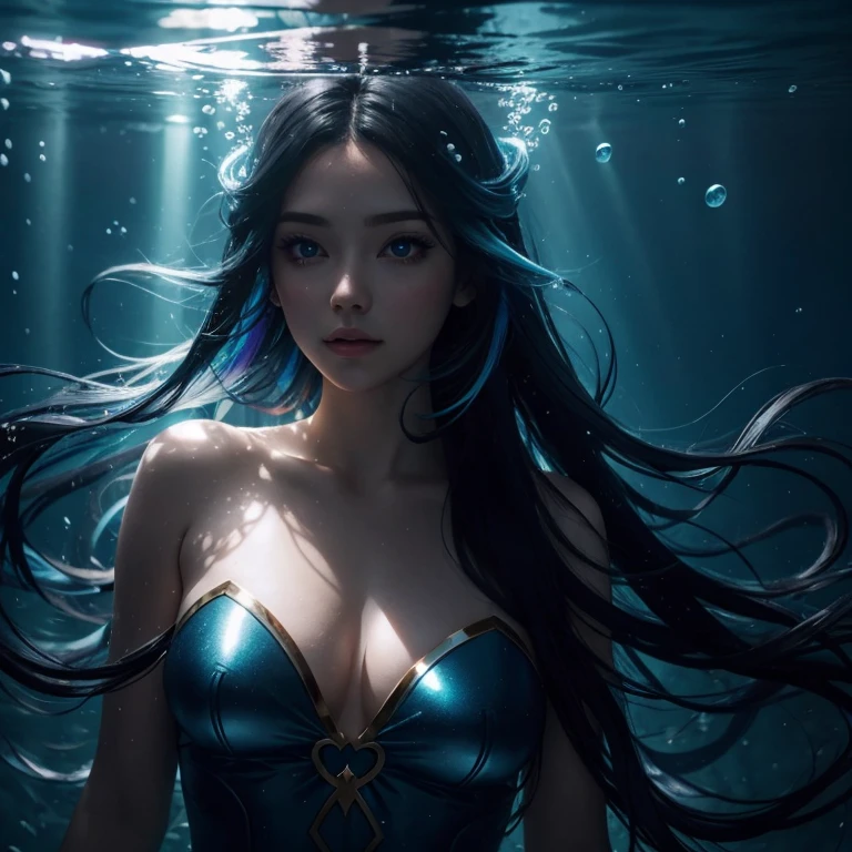 Blue tones, rainbow gradient, light beam, underwater,woman,long black hair,fantasy