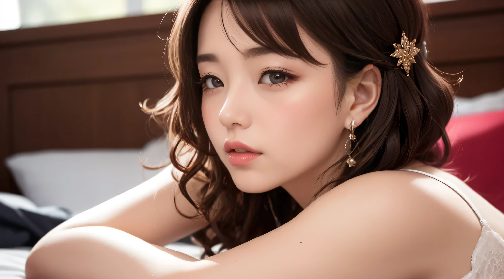 Watching the audience、The look of temptation、Side Up、Curly Hair、Earrings、Bedroom