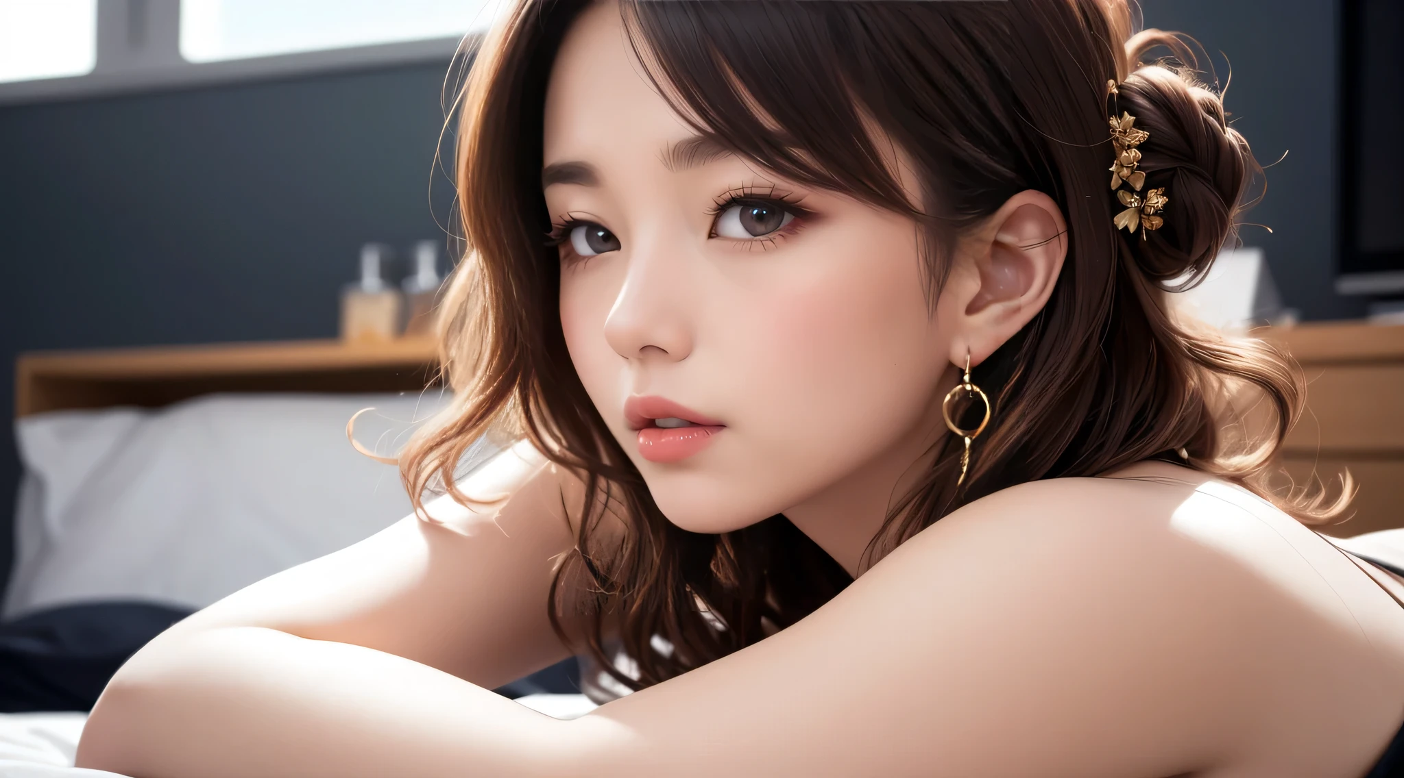 Watching the audience、The look of temptation、Side Up、Curly Hair、Earrings、Bedroom