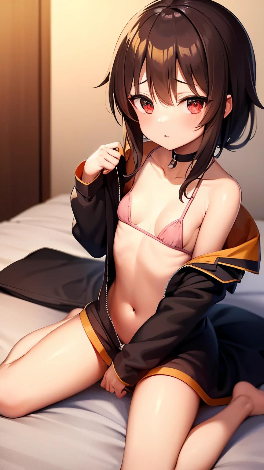 Girl, Megumin from Konosuba, small breasts, pajamas , choker,  unzipped down the middle, sfw, lifting shirt up, sitting down, legs apart
