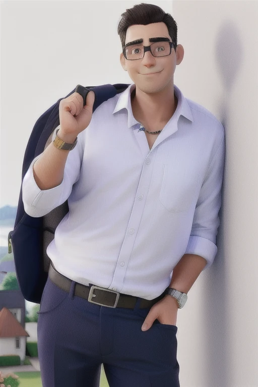 A businessman with his right hand outstretched showing beautiful houses and properties in the background
