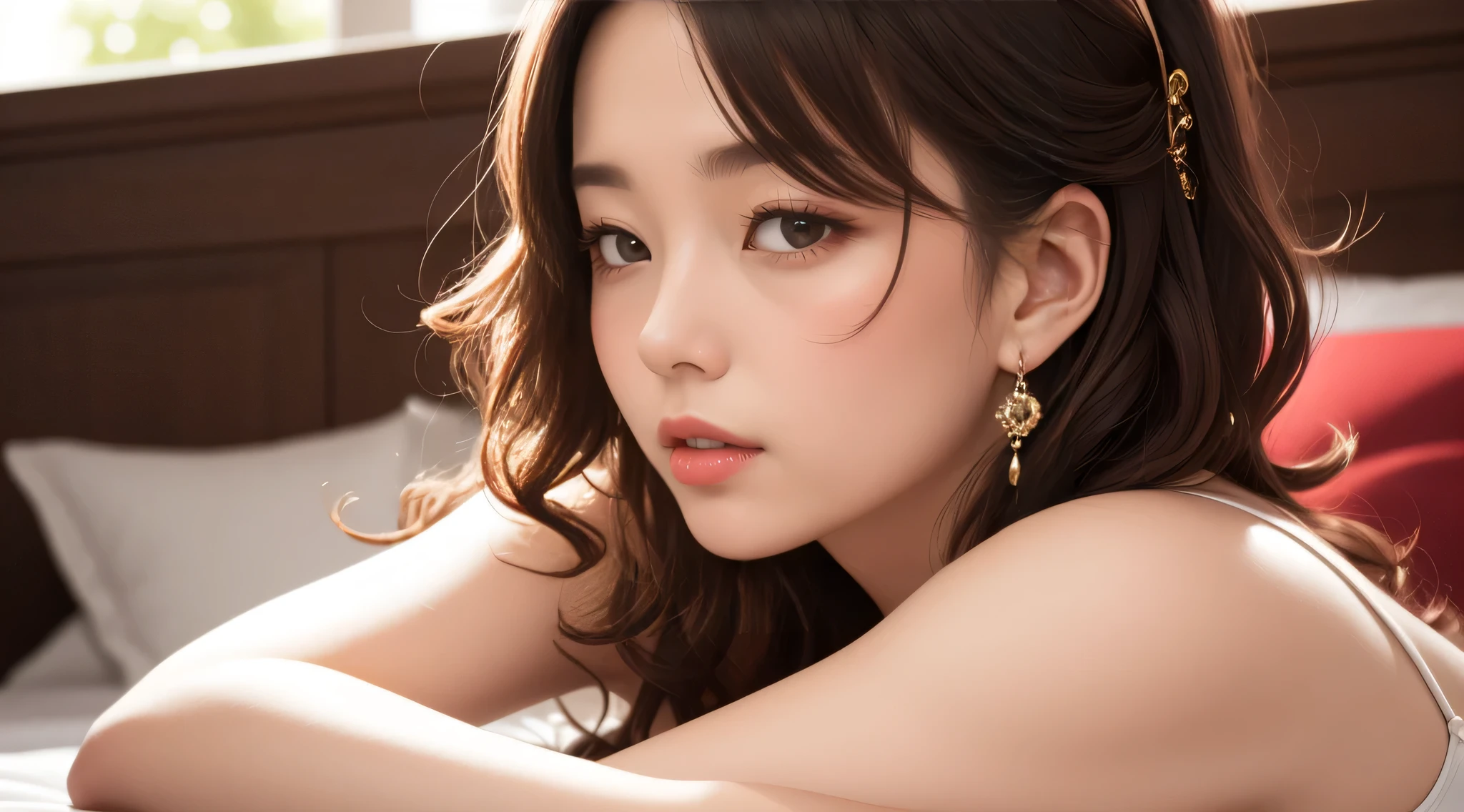 (professional portrait, Realistic and perfectly shaped objects:1.3), (masterpiece, highest quality:1.2), (realistic, 超realistic, realistic:1.3), ultra high resolution, intricate details, Super detailed, (Very detailed CG, unity 8k wallpaper:1.3), unique image, perfect lighting, break (1 japanese idol, 18-year-old), (cute, cute), (perfect anatomy, correct limb:1.2), Detailed Beautiful and Delicate Face, Dense and beautiful delicate eyes and eye highlights:1.2, (Very thin and delicate eyelashes that are not too long), (enchanting eyes, beautiful round big eyes, Beautiful brown big eyes and detailed face:1.2), natural makeup, stylish face, (Glossy skin, Realistic detailed skin), (perfect body:1.2), (blush all over the face, shy, embarrassing:1.5), light smile:1.3, break (tight waist, wide hips:1.2), (cowboy shot:1.3), dynamic angle, (light brown medium hair, half up hair:1.3), looking at the viewer:1.2, ((straighten hair with one hand, Put her hair behind the ears:1.3)), break ((NSFW, take off furisode, A very delicate and glittering thick kimono, A very detailed luxurious thick kimono, perfect nipples:1.5)), (This year&#39;s hatsumode:1.4), (beautiful hair ornament, simple earrings:1.2),