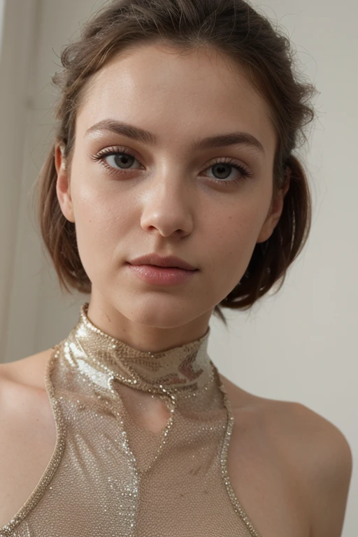 Portrait of a russian tween, 12 years old, cute face, Slim, Tortitz, (big sagging:1.1), huge nipples, gold dress,, Bokeh background, Simple background, (highly refined skin:1.0), (masterpiece:1.2) (lifelike:1.2) (Bokeh) (best quality) (intricate details) (8K) (high dynamic range) (analog film) (canon d5) (movie lighting) (sharp focus),tie a ponytail，Lying in bed, cleavage 