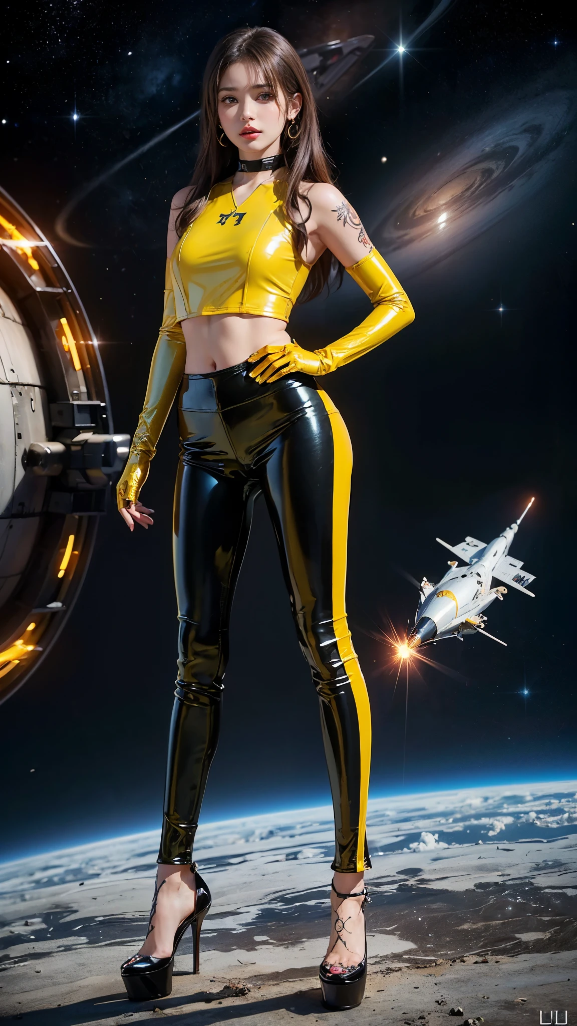 ((masterpiece:1.4)、(highest quality:1.4)、(realistic:1.7))、master piece:1.4、(Finest rendering:1.4)、(Kaoru, the beautiful navigator of Space Battleship Fuji:1.4)、Super beautiful航海士Kaoru、(Written by Luis Royo:1.4)、(Uniforms that highlight your beautiful style:1.2)、(Futuristic sci-fi battle fashion:1.2)、(street style wear)、(tight fit pants)、(Luxurious shiny latex:1.4)、(luxury yellow latex:1.4)、19 years old、(cute tattoo:1.4)、(wearing yellow gloves)、cute girl、Super beautiful、(seductive pose)、sharp focus、portrait photography:1.4、8k、realistic photo images:1.4、(perfect female body:1.4)、perfect proportions、(standing:1.4)、(full body photography:1.4)、beautiful face、fearless look、beautiful eyes、(A girl with a beautiful body that emphasizes her slender abdominal muscles)、narrow waist、(9 life size beautiful style girl)、(Beautiful girl with long legs and good style:1.4)、beautiful feet、(long hair:1.2)、dark makeup、eye shadow、Glow eye、glow lip、beautiful breasts、big breasts:1.2、sexy butt、(standing facing forward:1.4)、Raw photo、red lips、Yellow high heels:1.4、choker:1.4、necklace:1.4、earrings:1.4、1 screen display、Space battleship Fuji bridge:1.2