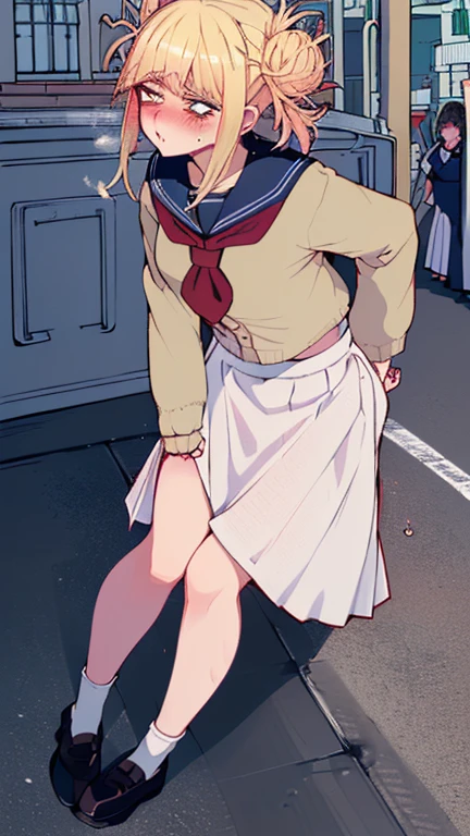 (ultra-detailed, best quality, detailed face, anatomically perfect body), (parted lips:1.6), shiny skin, (1 girl), dwarf, medium, (have to pee, very desperate to pee, want to pee:1.2), (street:1.5), (waiting in line toilet:1.2), (standing:1.3), (white school uniform:1.3), (long skirt:1.8), (socks, leather shoes, hime cut:1.3), (knees together and feet apart:1.4), (Rub each other's thighs:1.4), (hand between legs:1.2), (leaning forward:1.1), (hold the crotch:1.4), (constricted pupils:1.2), (blush:1.8), (embarrassment:1.5), flowing sweat, (impatience, sense of crisis:2), irritate, (breathless:1.4), (looking away:1.3), (full body:1.4), (from side:1.3), (long shot:2),