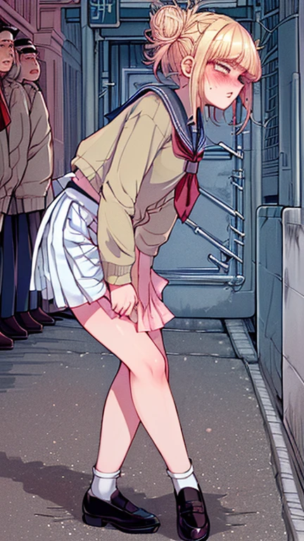 (ultra-detailed, best quality, anatomically perfect body:2), (1 girl, have to pee, very desperate to pee, have to pee:1.3), high school, (girl and other women waiting in line school restroom together:2), (sailor suit, long skirt, shoes, messy bun:1.5), (have to pee:2), (knees together and feet apart), (covering crotch:2), (hand between legs, leaning forward:2), (girl can't stand up straight:1.1), (erotic twist of the body:1.3), (constricted pupils:1.3), (sad, blush:1.8), (fear), (embarrassment:1.4), (flying sweat:1.2), (breathless:1.8), (looking away:1.6), (open month), teeth, (shiny skin), (from below:1.5), (from side:1.1),