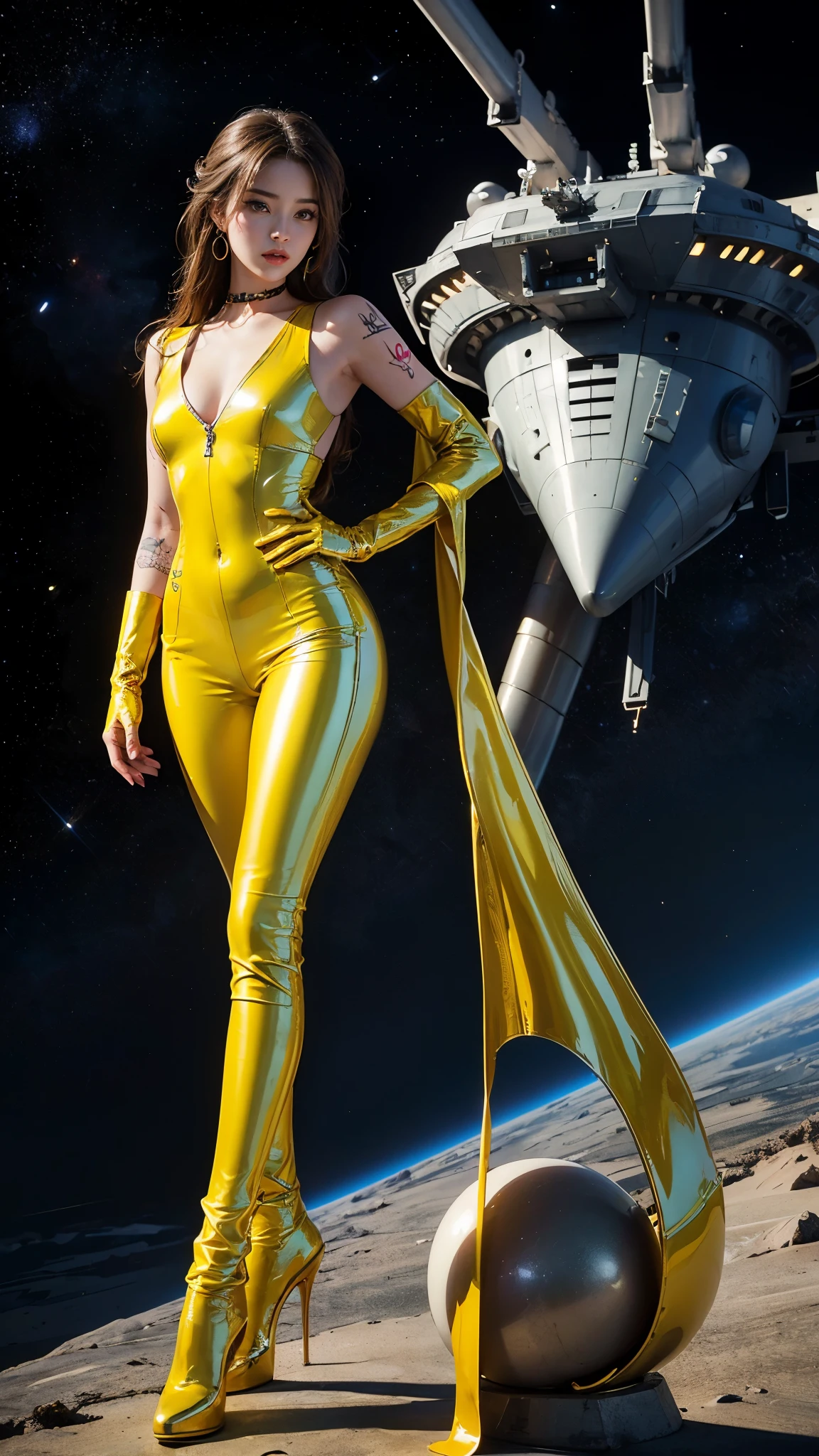 ((masterpiece:1.4)、(highest quality:1.4)、(Realistic:1.7))、Masterpiece:1.4、(Top-notch rendering:1.4)、(Yuki, the beautiful navigator of the Space Battleship Hikari:1.4)、Super Beauty航海士Yuki、(By Luis Royo:1.4)、(A uniform that accentuates your beautiful figure:1.2)、(Futuristic sci-fi battle fashion:1.2)、(Street Style Wear)、(Tight Fit Pants)、(Shiny luxury latex:1.4)、(Luxury yellow latex:1.4)、19 years old、(Cute Tattoos:1.4)、(Wearing yellow gloves)、Cute Girl、Super Beauty、(Seductive pose)、Sharp Focus、Portrait Photography:1.4、8k、Photorealistic images:1.4、(Perfect female body:1.4)、Perfect proportions、(Standing:1.4)、(Full body photography:1.4)、Beautiful Face、Fearless look、Beautiful Eyes、(A girl with a beautiful body and slender abdominal muscles)、(Narrow waist:1.4)、(9-body proportions beautiful girl:1.4)、(A beautiful girl with long legs and a good figure:1.4)、Beautiful feet:1.2、(Long Hair:1.2)、Heavy makeup、Eyeshadow、Glow Eye、Glow Lip、Beautiful breasts、Large Breasts:1.2、sexy ass、(Standing facing forward:1.4)、Raw photo、Red lips、Yellow high heels:1.4、choker:1.4、necklace:1.4、Earrings:1.4、1 Screen Display:1.4、Space Battleship Hikari's bridge:1.2