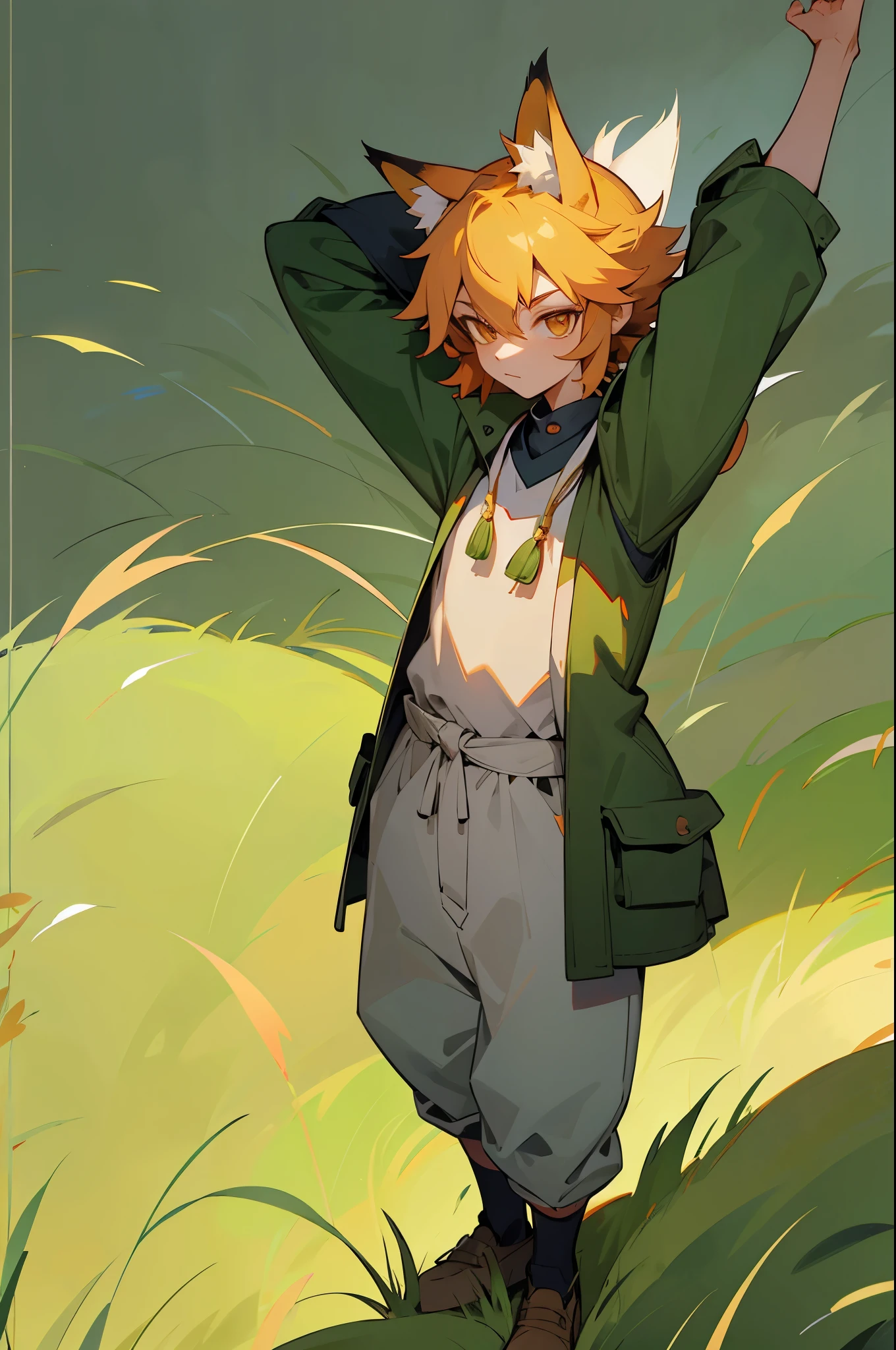 fox boy with arms in pockets grassy background