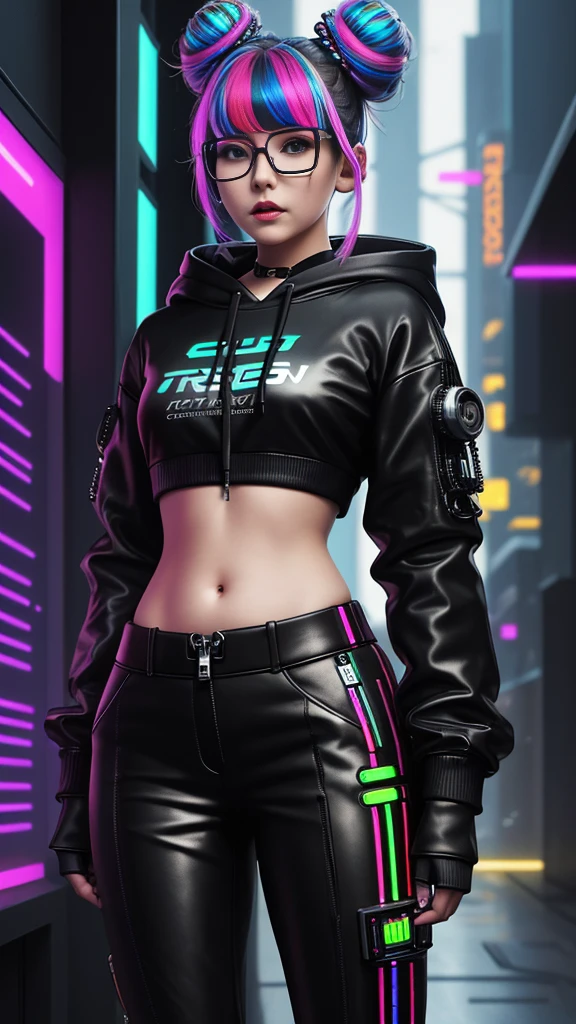 Cybernetics robot teenage girl, multicoloured bun, cyberpunk style glasses, cyberpunk style crop hoodie, complex details, metal, cords, futuristic technology, skinny, pretty belly, black rubber pants, cyberpunk style city background, 30k, exquisite clothing details, high