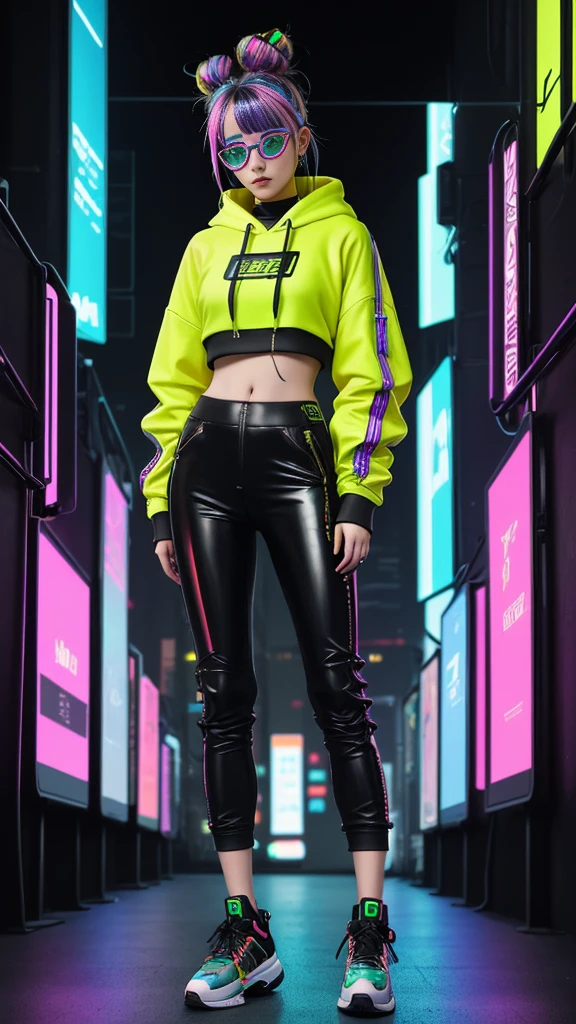Cybernetics robot age girl, multicoloured bun, cyberpunk style glasses, cyberpunk style crop hoodie, complex details, metal, cords, futuristic technology, skinny, pretty belly, black rubber pants, cyberpunk style city background, 30k, exquisite clothing details, high