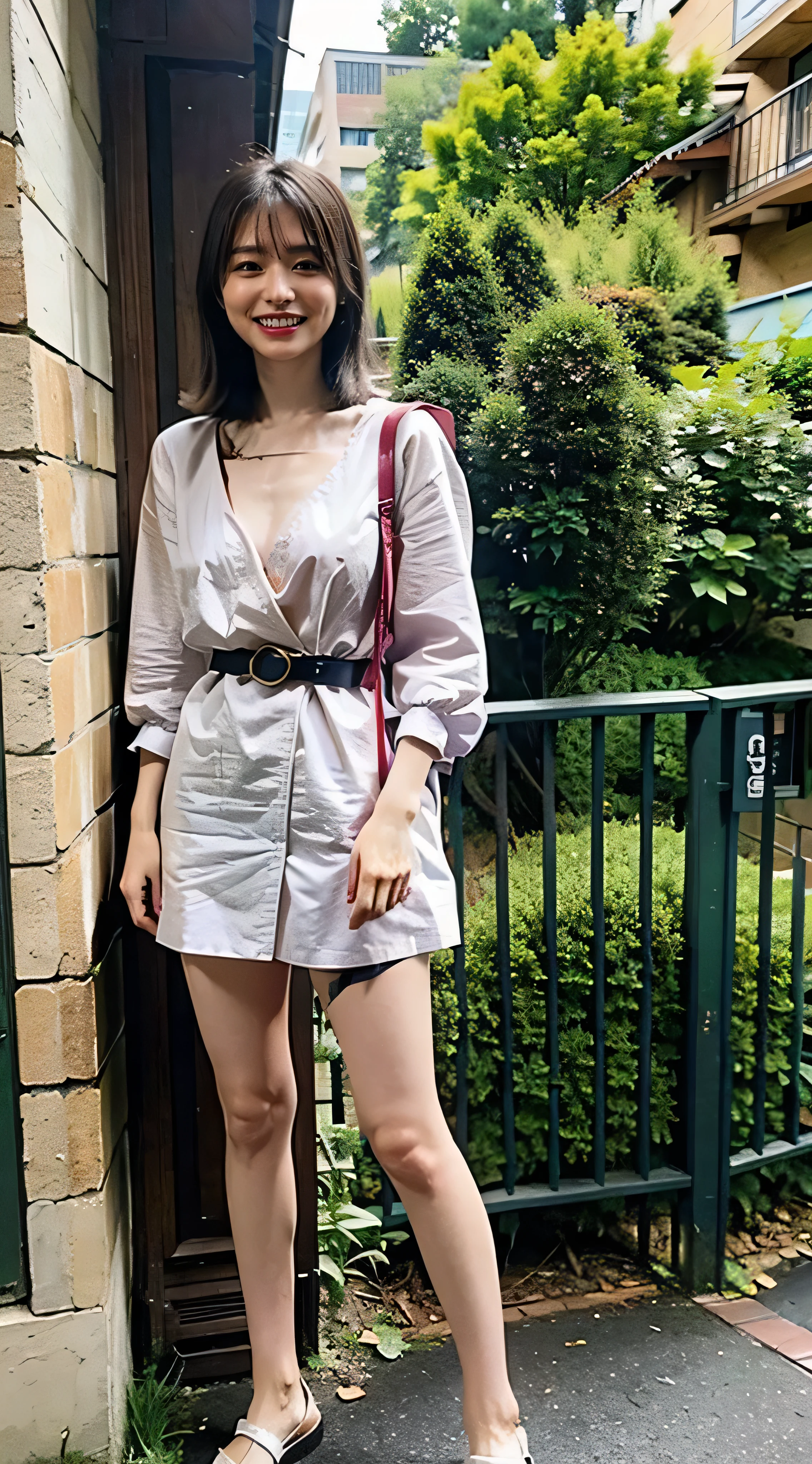 (8K、Raw photo、highest quality、masterpiece:1.2)、(realistic、Photoreal)、1 girl、((one piece、I can see your feet、belt、big breasts、Seen from the front、stand with legs apart、)、lots of eyelashes、Glitter on your eyelids、skeletally correct、sweaty body、Beautifully aligned fingertips、smile、standing with hands on hips、above the sky