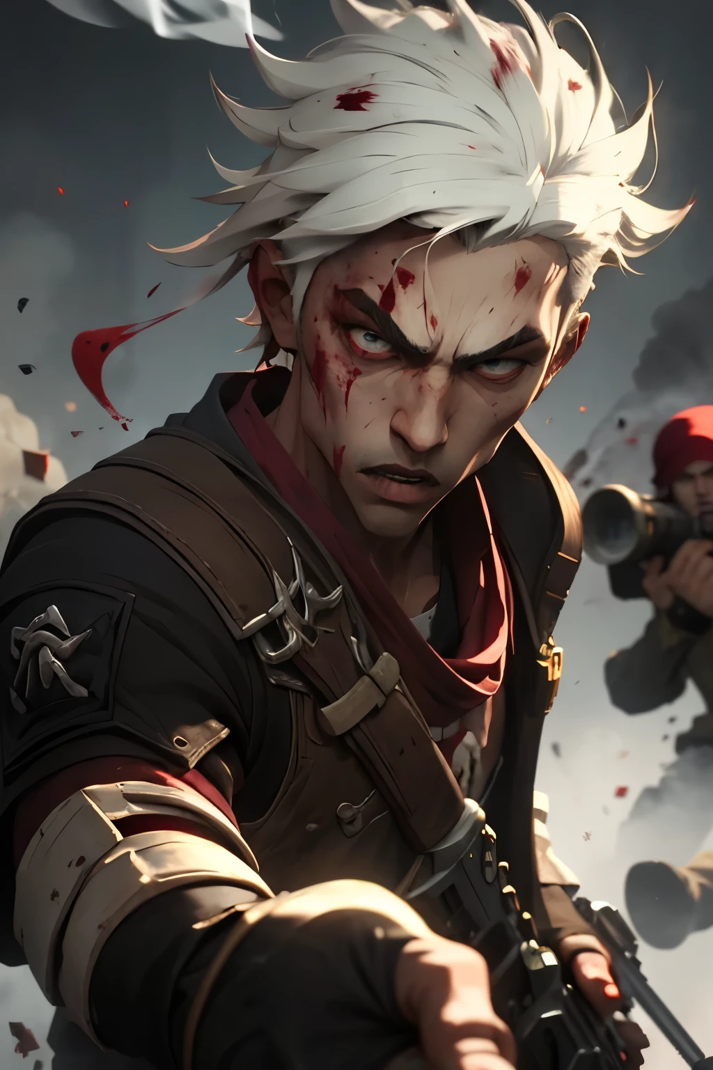 Crazy, crazy eyes, bloodlust, blood, red, white hair, black clothes, sniper, rpg, smoking behind, male, man, detailed, exaggerated movements