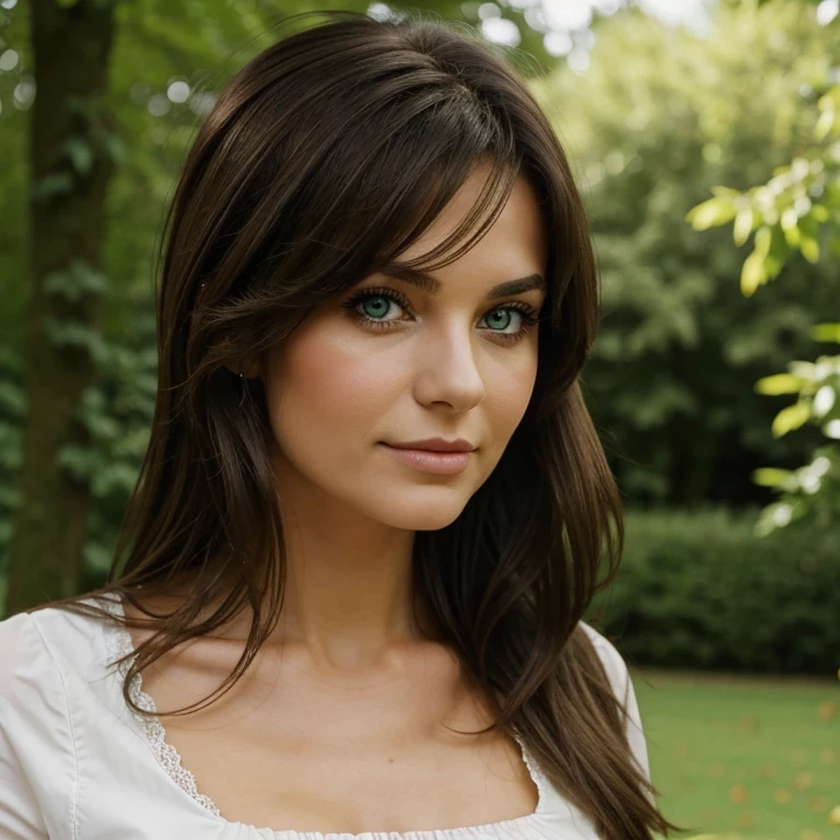 Brunette woman between 25 and 30 years, green eyes, voller Busen, dunkler Hintergrund