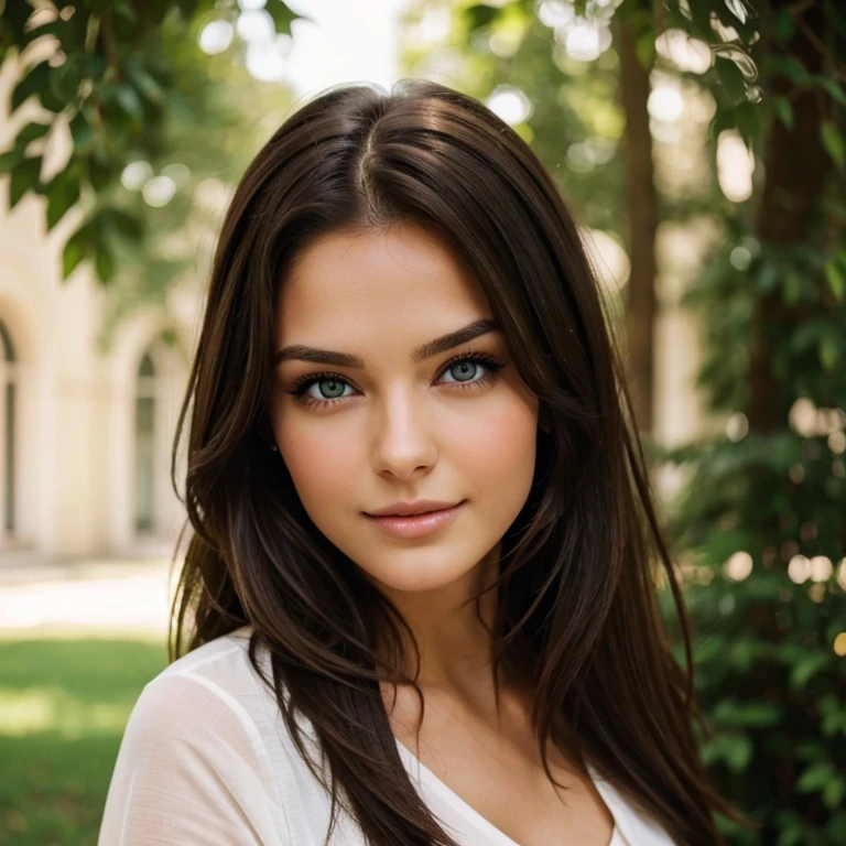 a beautiful brunette woman with (green eyes:0.8)
