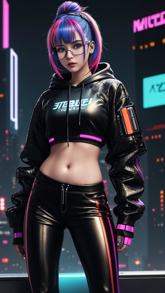 Cybernetics robot age girl, multicoloured bun, cyberpunk style glasses, cyberpunk style crop hoodie, complex details, metal, cords, futuristic technology, skinny, pretty belly, black rubber pants, cyberpunk style city background, 30k, exquisite clothing details, high