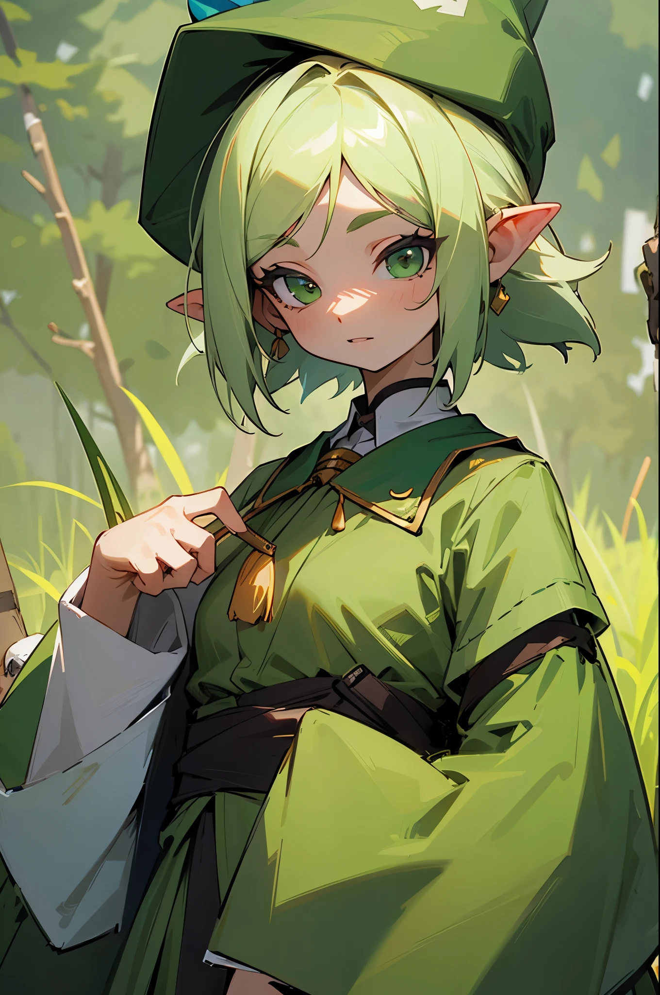woman, long sleeves, green gnome,upper body, grassy rocky background