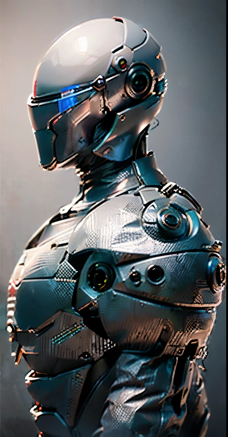 1 profile robot, background of the image is dystopian space, futuristic robot trincado/enferrujado/muito reflexo, capacete de ferro:1.4, ((sem rosto humano)), Cyborg Robot, serious, robot up close, cyclops style robot, futuristic robot, iron machine, altamente detalhado, rusty metal robot, ciborgue, imagem:8k/UHD/melhor qualidade,(fotorealista:1.4), Profile of a robot