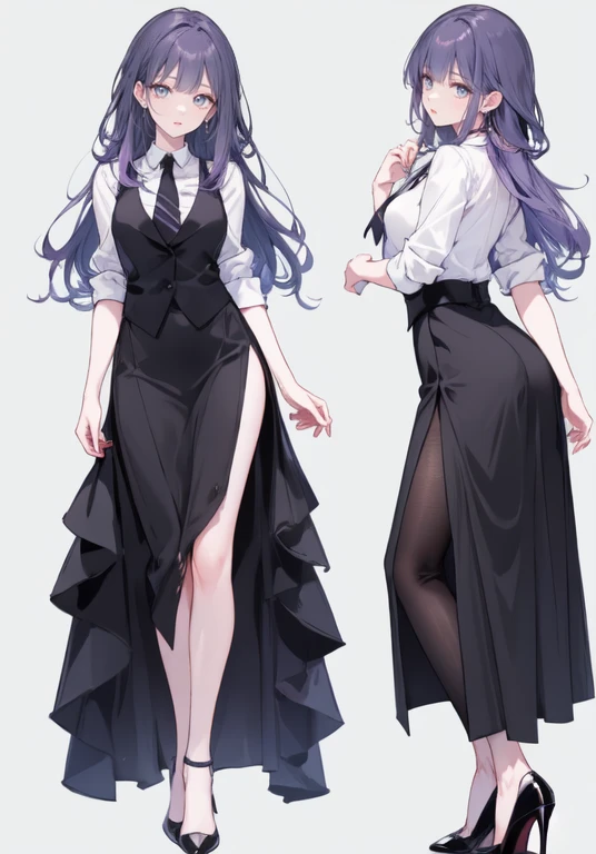 ((Perfect Face)),Purple Hair,voluminous long hair,Adult female,bartender,suit,Black vest,((A shirt with rolled up sleeves)),tie,skirt,slit,High heels,,((Simple Background)),smile,((Full Body)),((full body)),Character portrait,virtual,upright,,Both arms are down,Standing upright,