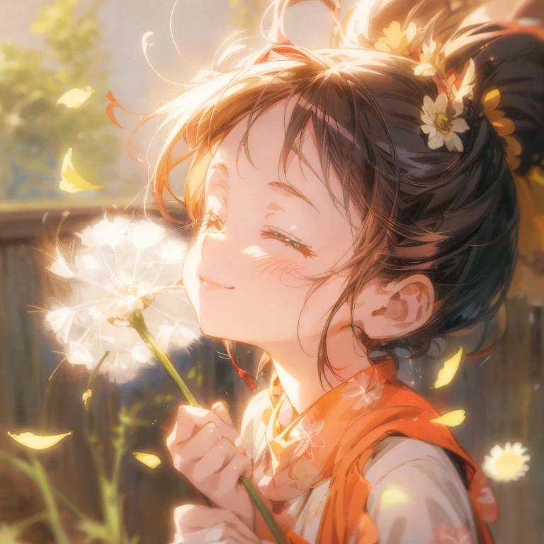 Dandelion blowing in the wind anime girl, cute girl anime visual, happy expression, wearing a big red flower hair ornament, happy girl, smiling, eyes closed, cute, happy cheerful expression, she is expressing joy, anime image, very happy So, cute anime girl, smiling expression, beautiful anime portrait, soft surprised smile, soft anime illustration, anime illustration, she is smiling and happy, beautiful anime artwork, cheerful expression,tukimichi_spider