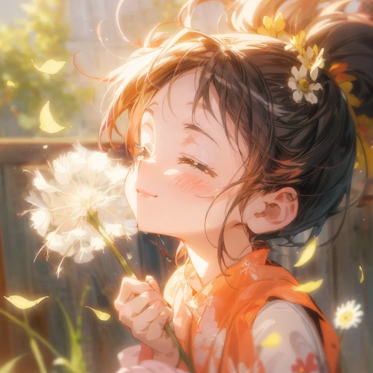 Dandelion blowing in the wind anime girl, cute girl anime visual, happy expression, wearing a big red flower hair ornament, happy girl, smiling, eyes closed, cute, happy cheerful expression, she is expressing joy, anime image, very happy So, cute anime girl, smiling expression, beautiful anime portrait, soft surprised smile, soft anime illustration, anime illustration, she is smiling and happy, beautiful anime artwork, cheerful expression,tukimichi_spider