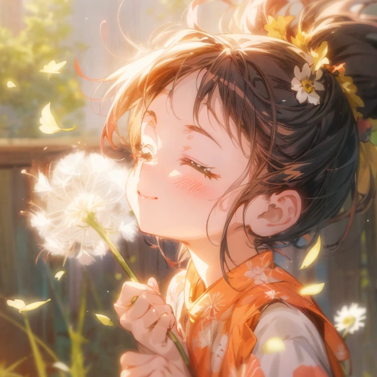 Dandelion blowing in the wind anime girl, cute girl anime visual, happy expression, wearing a big red flower hair ornament, happy girl, smiling, eyes closed, cute, happy cheerful expression, she is expressing joy, anime image, very happy So, cute anime girl, smiling expression, beautiful anime portrait, soft surprised smile, soft anime illustration, anime illustration, she is smiling and happy, beautiful anime artwork, cheerful expression,tukimichi_spider