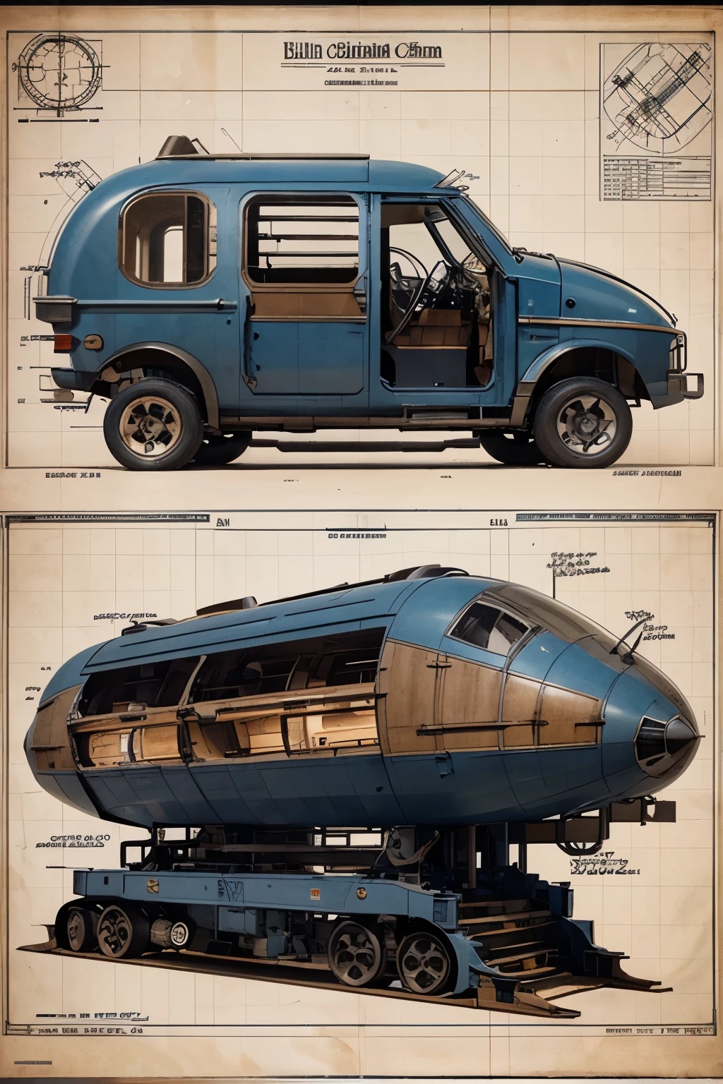 Highly detailed technical drawing The illustrations should include a side view, cross-sections, and exploded views to show both the exterior and interior components. Labeled parts with annotations specifying materials, dimensions, and other engineering specifications. Style vintage engineering blueprint, and educational intent