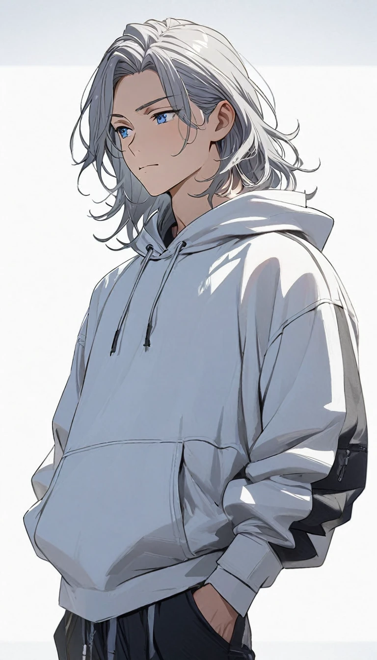 (Young guy), ((handsome)), 1guy, (solo), (silver medium hair:1.1), (blue eyes:1.1), ((eyes details)), fit body, white hoodie, black cargo, ((calm face expression)), anime hight quality, masterpiece, medium shot, hands in pockets, modelshot