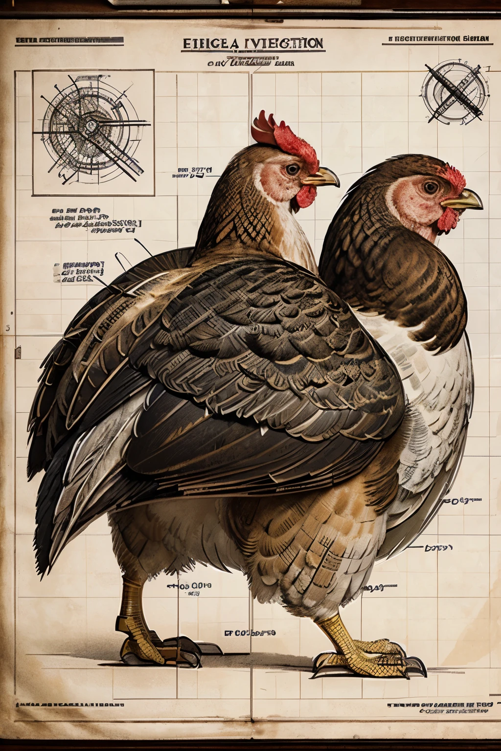 Highly detailed technical drawing of a chicken The illustrations should include a side view, cross-sections, and exploded views to show both the exterior and interior components. Labeled parts with annotations specifying materials, dimensions, and other engineering specifications. Style vintage engineering blueprint, and educational intent