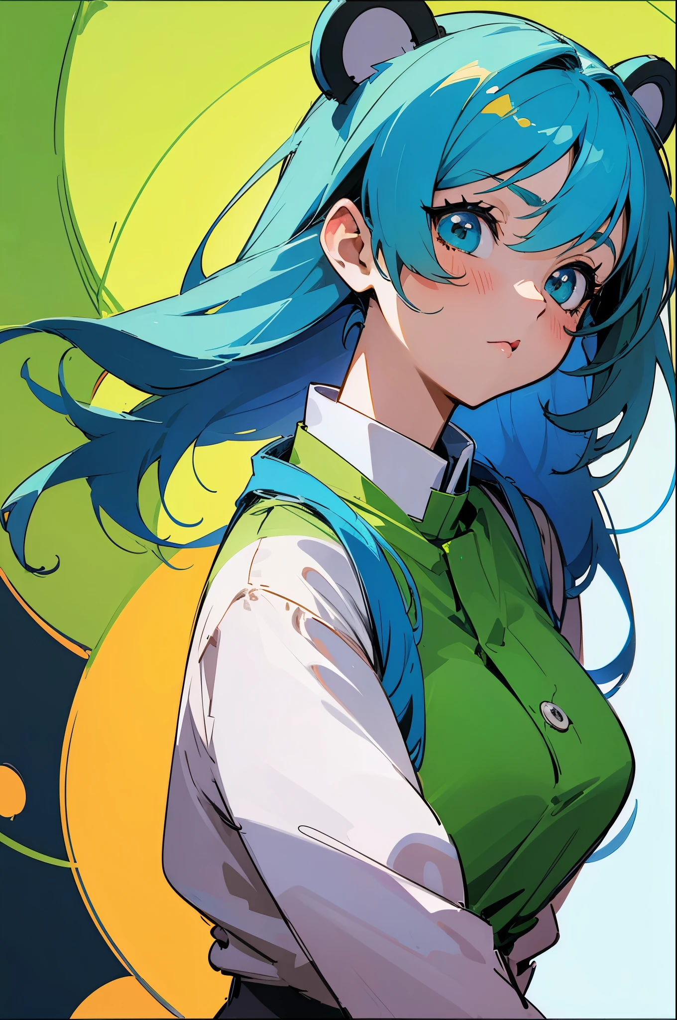 a close up of a cartoon girl with blue hair and a green shirt, 2 d anime style, colorful sketch, colored sketch, flat anime style shading, colorized pencil, anime style portrait, painted in anime painter studio, semirealistic anime style, anime styled, colored screentone, sketchy artstyle, anime stylized, colored sketch anime manga panel with green bear ear hair clips on her head and flowy hair
