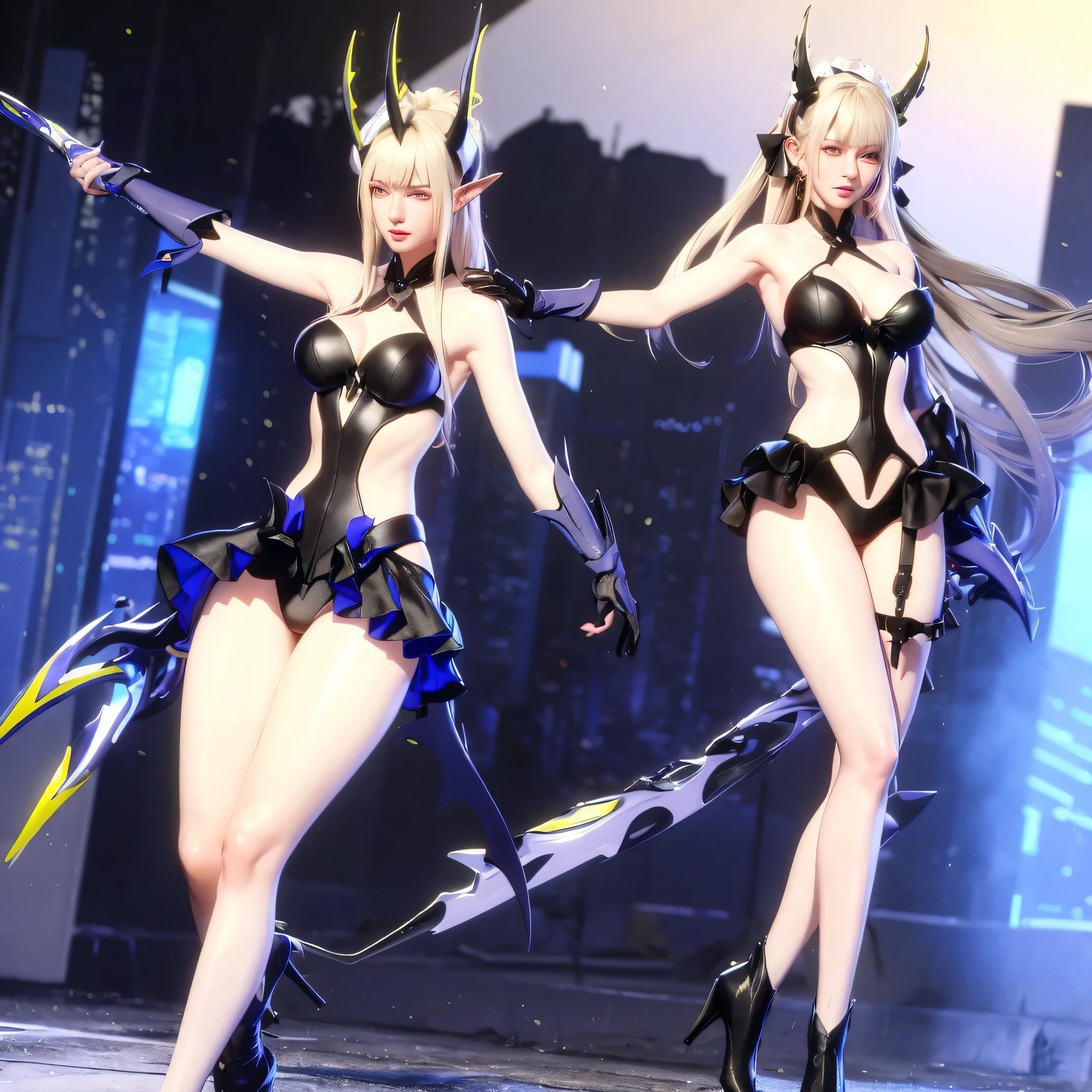 Airidimension, 1girl, solo, long hair, (), looking at viewer, bangs, (Stand straight with your arms relaxed by your sides), blonde hair, gloves, dress, holding, cleavage, heen eyes, anus, femoral bare lders, very long hair, closed mouth, yellow eyes, weapon, white hair, big breasts, horns, blaelbow gloves, sword, holding weapon, white panties, black dress, clothing cutigh strap, holding sword, arm behind back, , blunt bangs, armpits, makeup, realistic, thigh strap,
