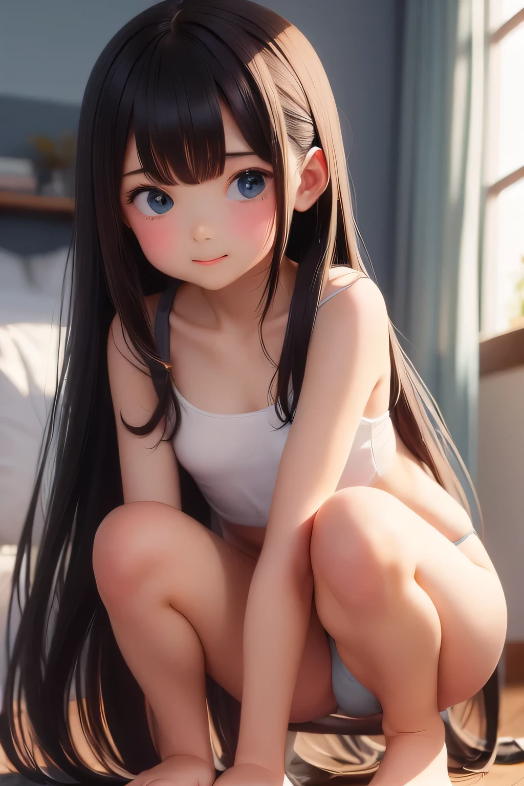 Girl, Young, Long Hair, Crouching, underwear, Light clothing, underwear, come off