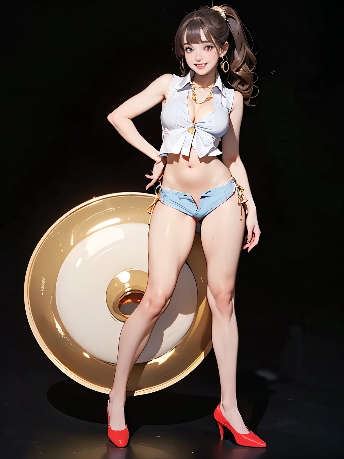 ((((highest quality))))、(((Ultra-precision CG16K wallpaper)))、(((masterpiece)))、(((Super detailed)))、(((Extreme detail)))、((１Mature 32 year old woman:1.5))、((Very beautiful Japanese faces))、((Shiraishi Mai:1.5))、((Soft Wave Ponytail Long Hair、blunt bangs:1.5))、(Shiny brown hair)、Beautiful delicate eyes、eyeliner、eye shadow、Brown eyes、High nose、Small nostrils、Small Mouth、Seductive lips、Beautiful breasts、((C cup size breasts))、Cleavage、Voluptuous body、Perfect proportions、Perfect Anatomy、Perfect composition、Beautiful detailed shading、Beautiful, natural lighting、Beautiful detail glow、Depth of written boundary、(((High chroma)))、(((Real:1.9)))、((vivid:1.5))、((Beautiful Skin))、((Skin Texture))、((Realな皮膚感))、(((Full body shot:1.6)))、((Front view、Front low angle:1.6))、((Shy laugh:1.5))、(Woman is facing the front:1.5)、Bright daylight、Natural light、(((Black background、Golden circular object:1.6)))、(Standing pose:1.5)、(((White sleeveless collared cropped shirt、Red bikini hot pants:1.6)))、((Earrings、Wearing a necklace:1.3))、(((Wearing red pumps:1.6)))、