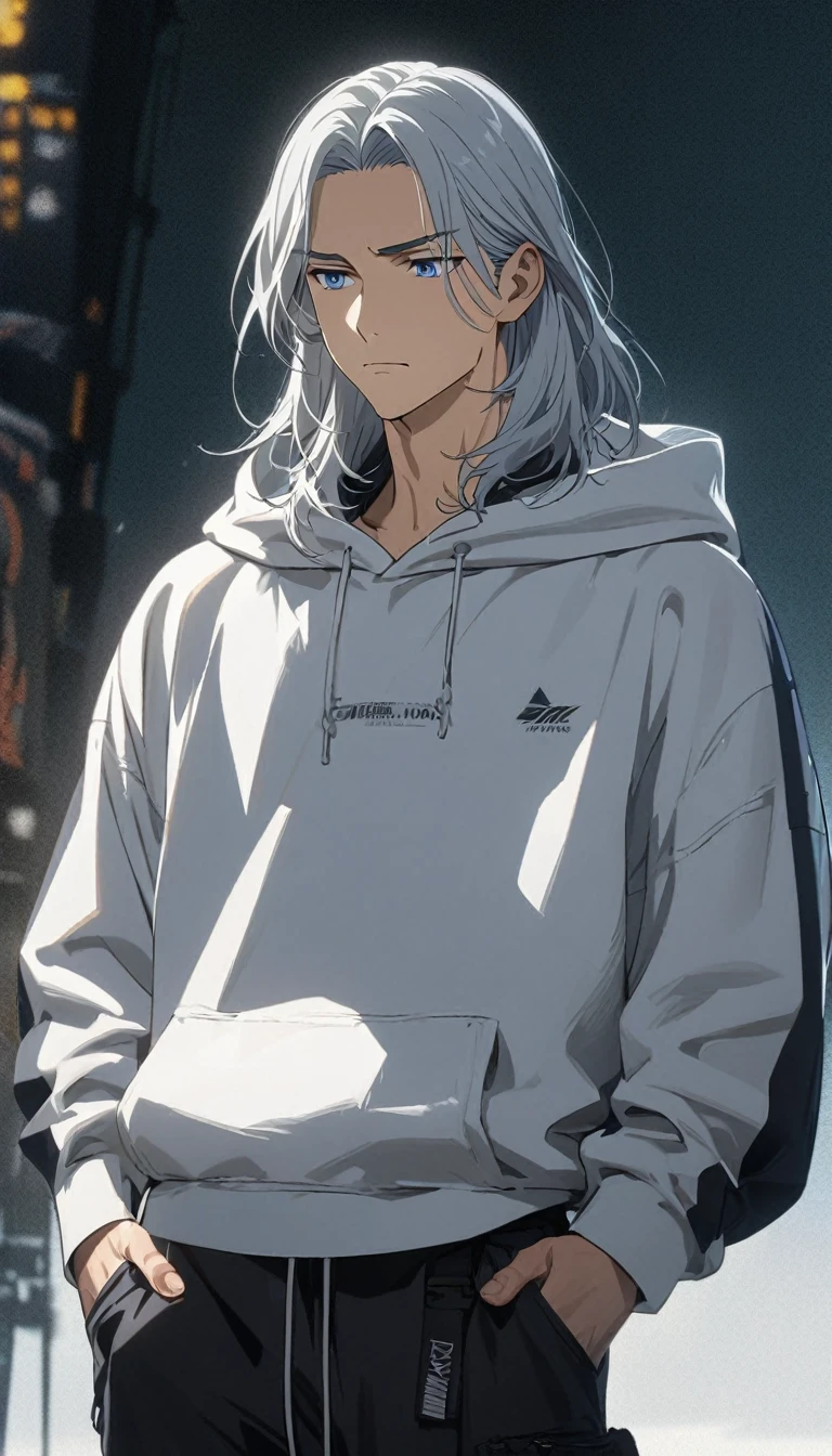 (Young guy), ((handsome)), strong, (very strong), 1guy, (solo), (silver medium hair:1.1), (blue eyes:1.1), ((eyes details)), fit body, white hoodie, black cargo, ((calm face expression)), anime hight quality, masterpiece, medium shot, hands in pockets, modelshot
