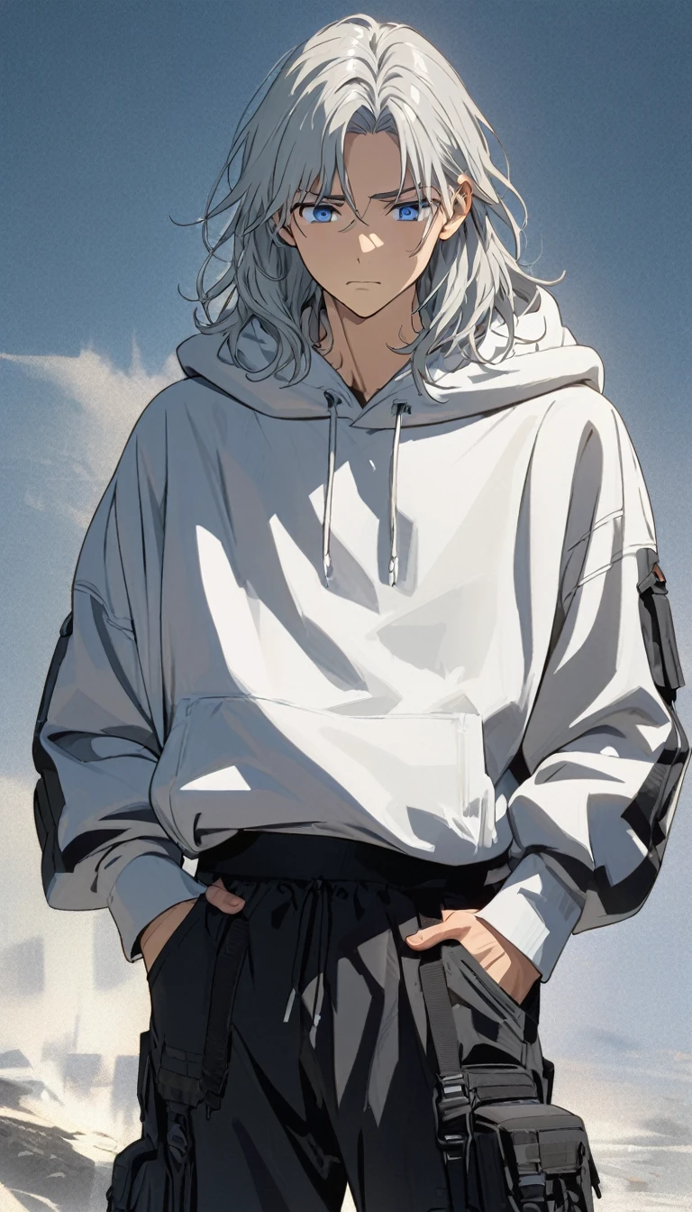 (Young guy), ((handsome)), strong, (very strong), 1guy, (solo), (silver medium hair:1.1), (blue eyes:1.1), ((eyes details)), fit body, white hoodie, black cargo, ((calm face expression)), anime hight quality, masterpiece, medium shot, hands in pockets, modelshot