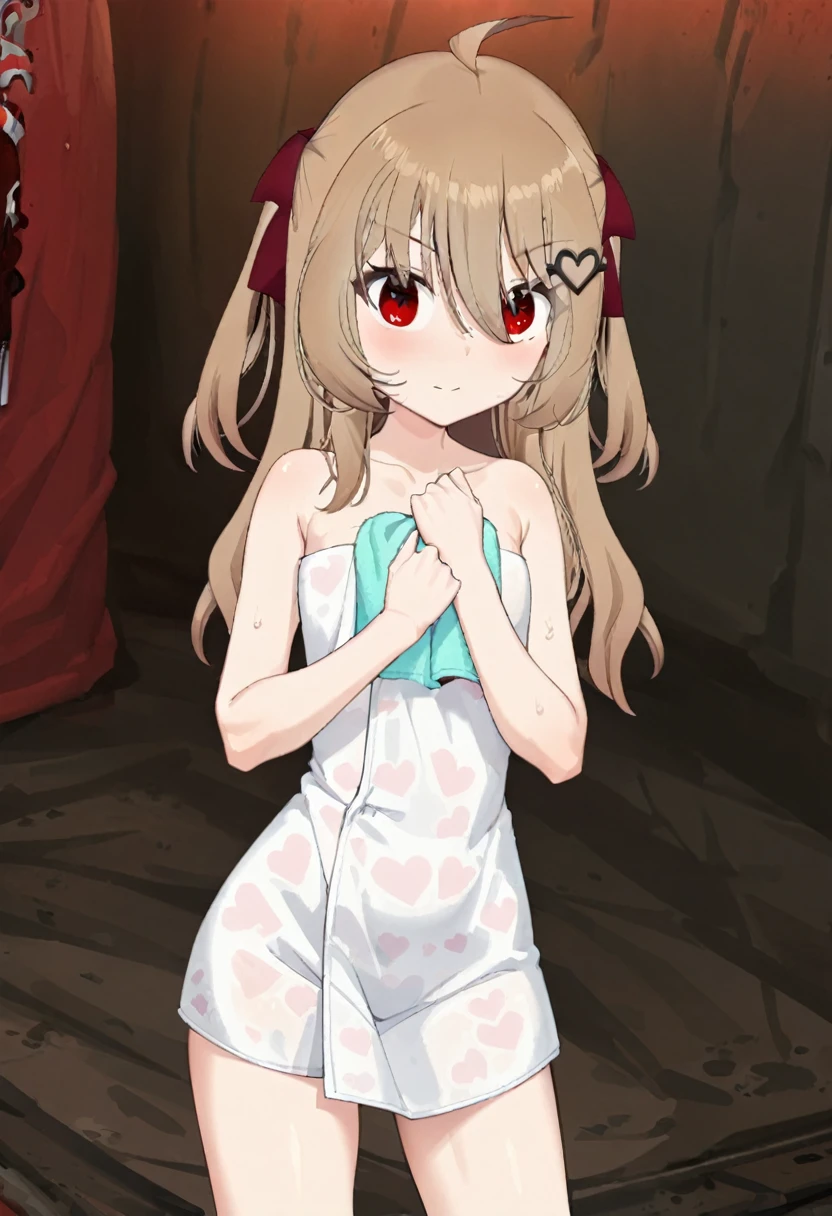 1girl, evil neuro-sama, red eyes, light brown hair, ahoge, two side up, hair ribbon, dark red ribbon, heart hair ornament, (masterpiece, best quality), highly detailed, finely detailed, towel, naked towel,