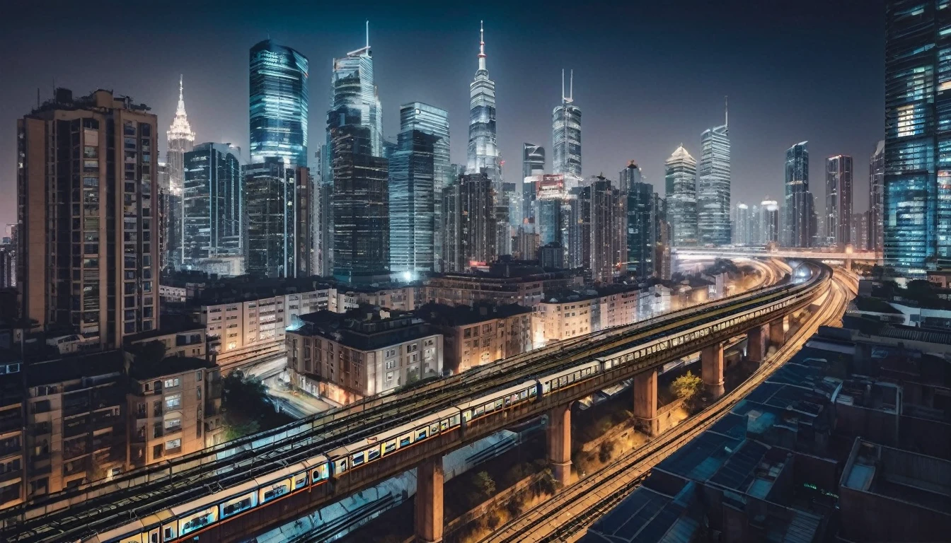 drone view, city skyline of a metropolis with skyscrapers and elevated railways with running trains in the foreground at night, insane details, intricate details, amazing fine detail, photorealistic, photograph, photorealism, rich colors, lifelike texture, neutral colors, Soft front light,cinematic lighting, dramatic lighting sharp focus, wide angle, film grain, dslr, raw photo, photographed on Nikon