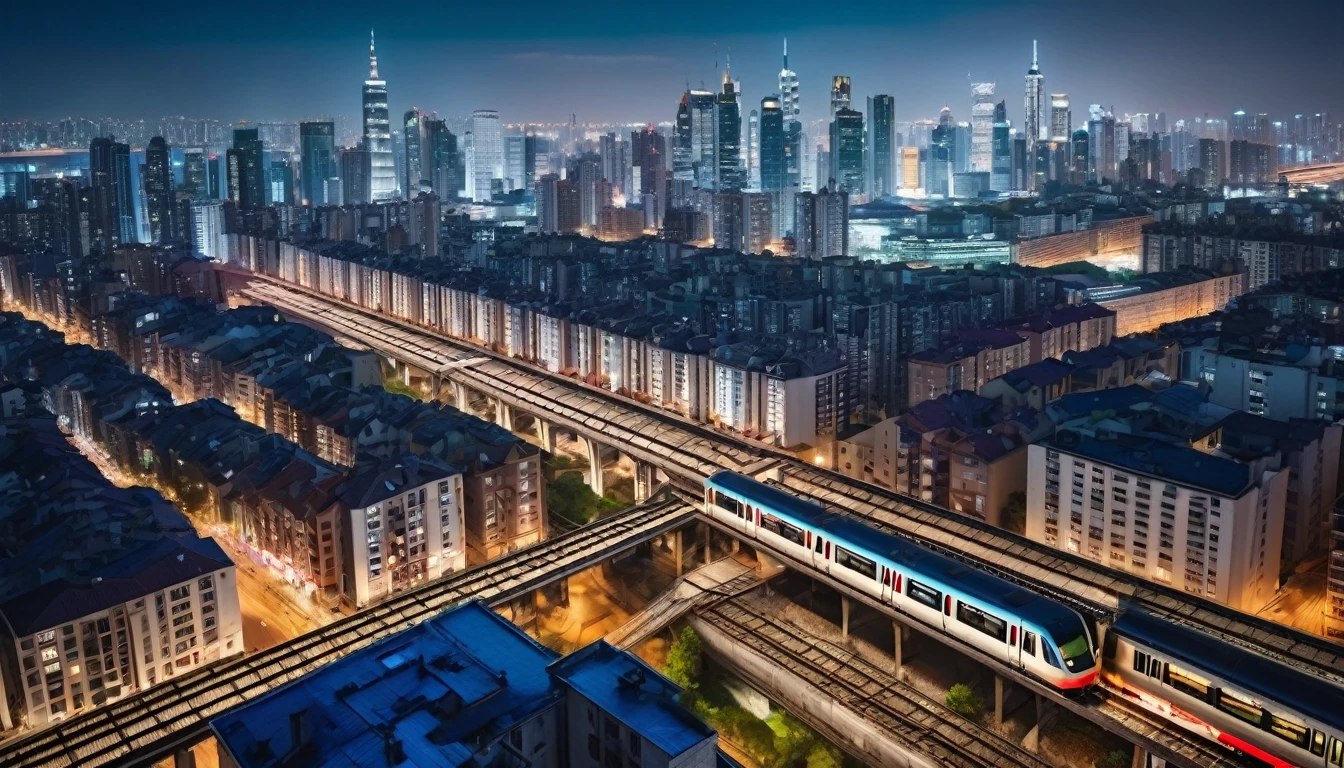 drone view, city skyline of a metropolis with skyscrapers and elevated railways with running trains in the foreground at night, insane details, intricate details, amazing fine detail, photorealistic, photograph, photorealism, rich colors, lifelike texture, neutral colors, Soft front light,cinematic lighting, dramatic lighting sharp focus, wide angle, film grain, dslr, raw photo, photographed on Nikon